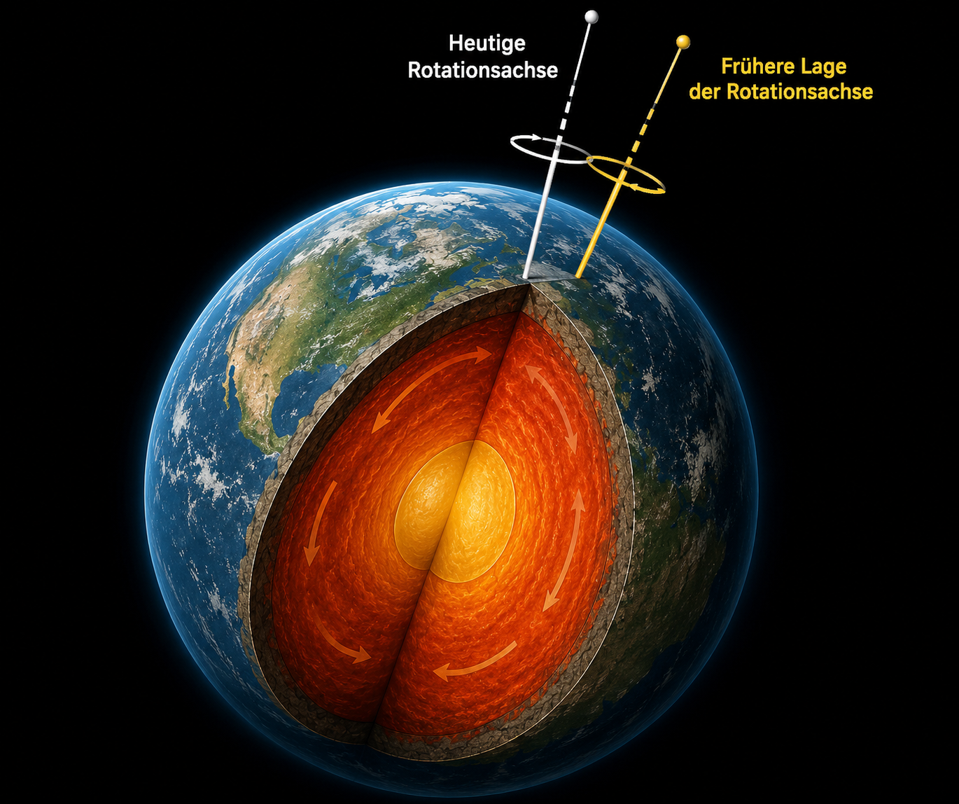 KI generiert: Das Bild zeigt einen Querschnitt der Erde und illustriert die Veränderung der Rotationsachse von der früheren zur heutigen Lage. Betont wird die interne Struktur der Erde mit Bezug auf die geologischen Schichten.