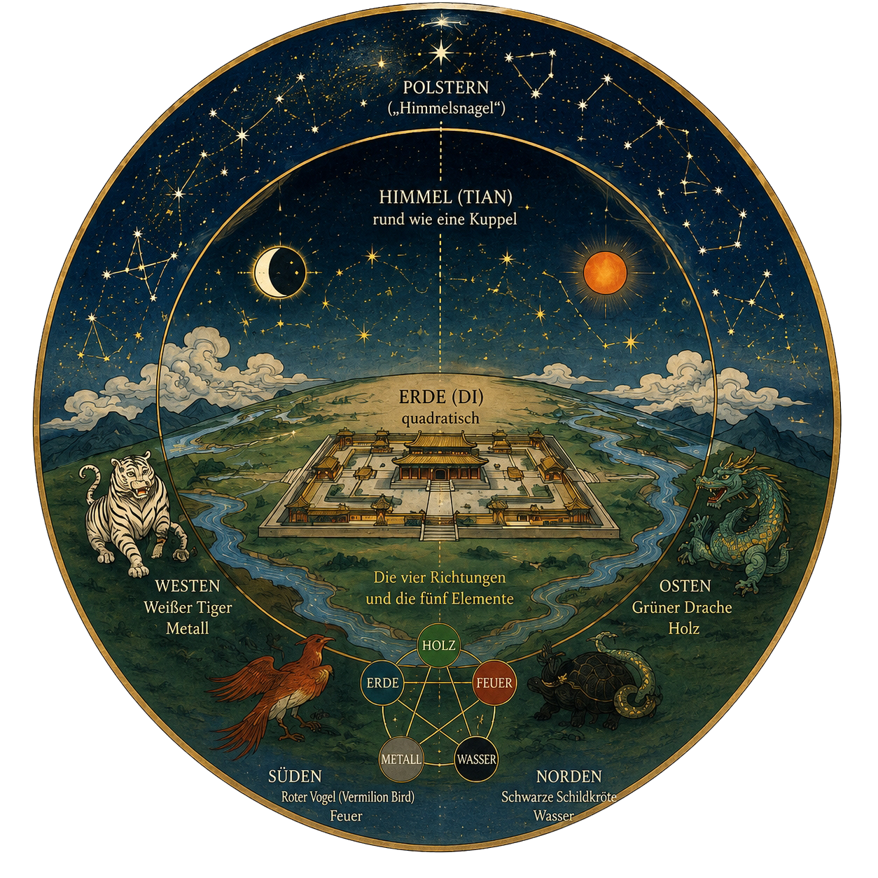 KI generiert: Das Bild zeigt ein kosmologisches Diagramm, das das alte chinesische Weltbild darstellt, mit einem quadratischen Boden, der die Erde symbolisiert, und einer runden Himmelskuppel. Es beinhaltet die vier Himmelsrichtungen, Tier-Symbole und die fünf Elemente.