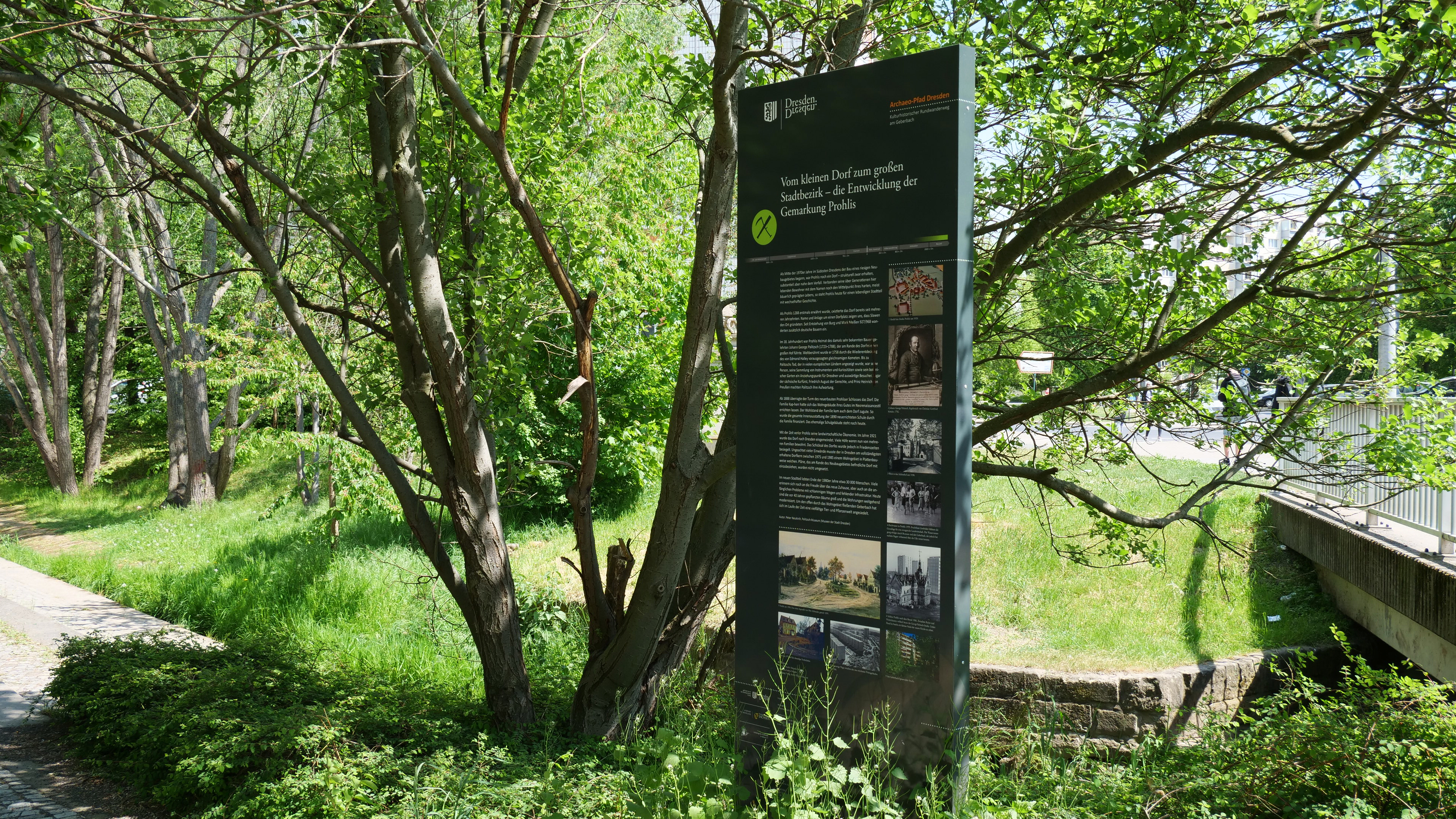 KI generiert: Das Bild zeigt eine Informationstafel in einem grünen, baumreichen Park. Die Tafel bietet historische Informationen über die Entwicklung der Gemeinde Pankow.