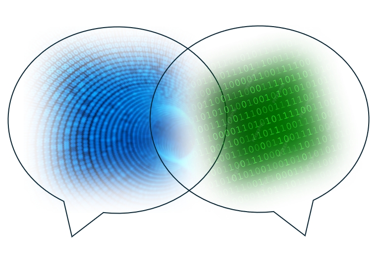 KI generiert: Das Bild zeigt zwei überlappende Sprechblasen, eine in Blau mit kreisförmigen Mustern und die andere in Grün mit Binärcode. Es symbolisiert Kommunikation zwischen Mensch und Maschine.