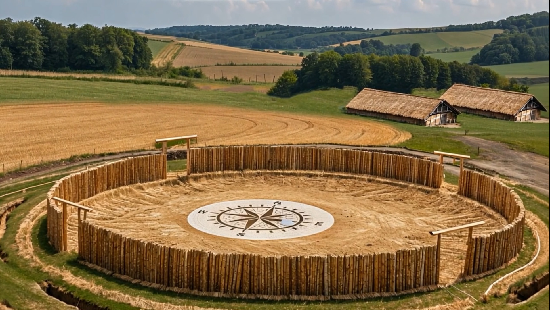 KI generiert: Das Bild zeigt eine kreisförmige Holzkonstruktion mit einem großen Kompasssymbol in der Mitte, eingebettet in eine ländliche Landschaft mit Feldern und Hügeln im Hintergrund. Zwei strohgedeckte Gebäude sind in der Nähe sichtbar.