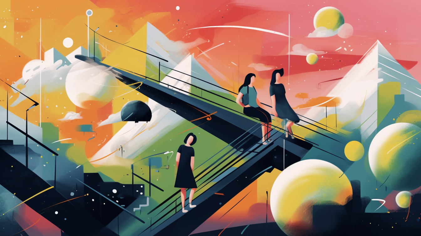 KI generiert: Das Bild zeigt eine abstrakte Szenerie mit geometrischen Formen, Planeten und drei stilisierten Figuren auf schwebenden Treppen. Der Hintergrund ist in lebhaften Farben gehalten und vermittelt ein surrealistisches, kosmisches Ambiente.