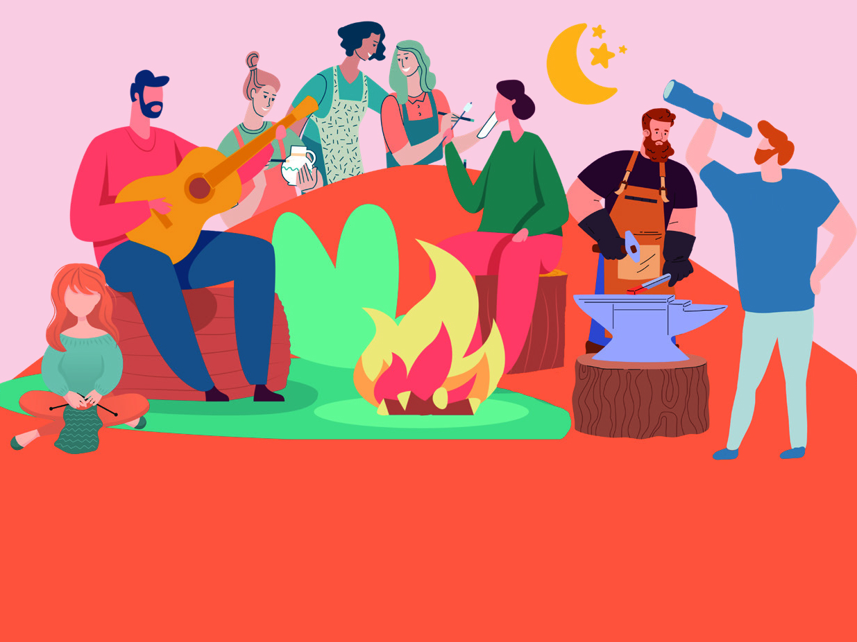 KI generiert: Das Bild zeigt eine Gruppe von Menschen bei verschiedenen Freizeitaktivitäten um ein Lagerfeuer. Einige spielen Musik oder beobachten den Himmel, während andere handwerkliche Tätigkeiten ausüben.