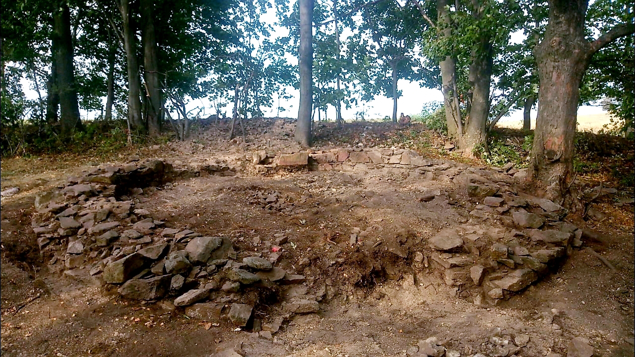 KI generiert: Das Bild zeigt eine archäologische Ausgrabungsstätte mit freigelegten Mauerresten im Wald. Die Steinumrandung deutet auf eine historische Struktur hin.